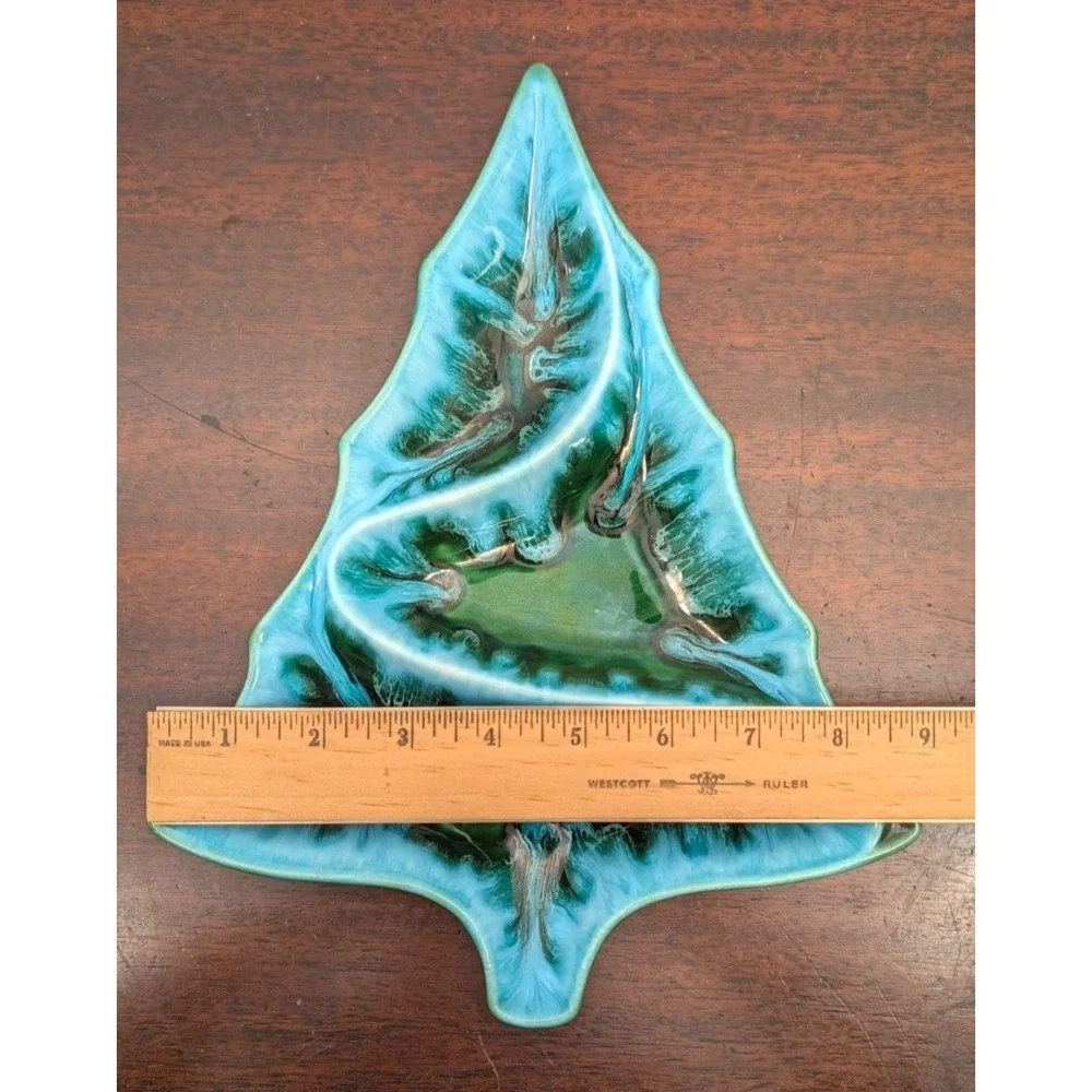 Vintage 1970s Handmade Ceramic Christmas Tree Divided Serving Tray Drip Glaze